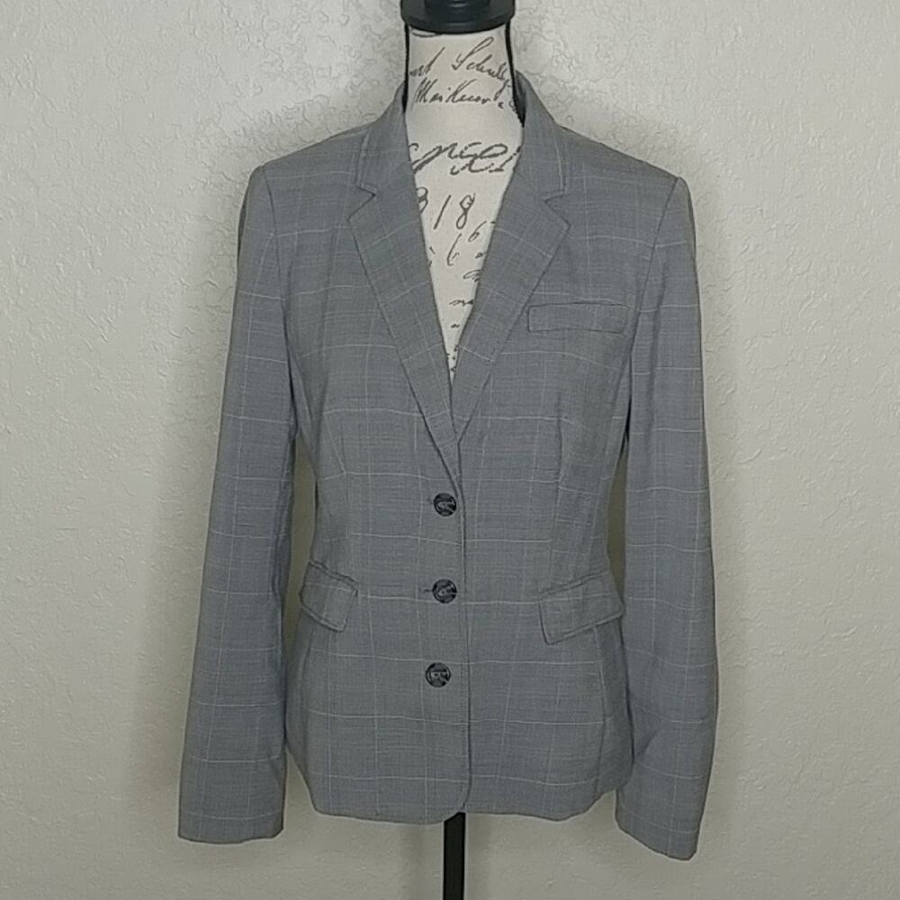 Banana Republic Factory Plaid Button Front Blazer Gray with Pockets Size 8